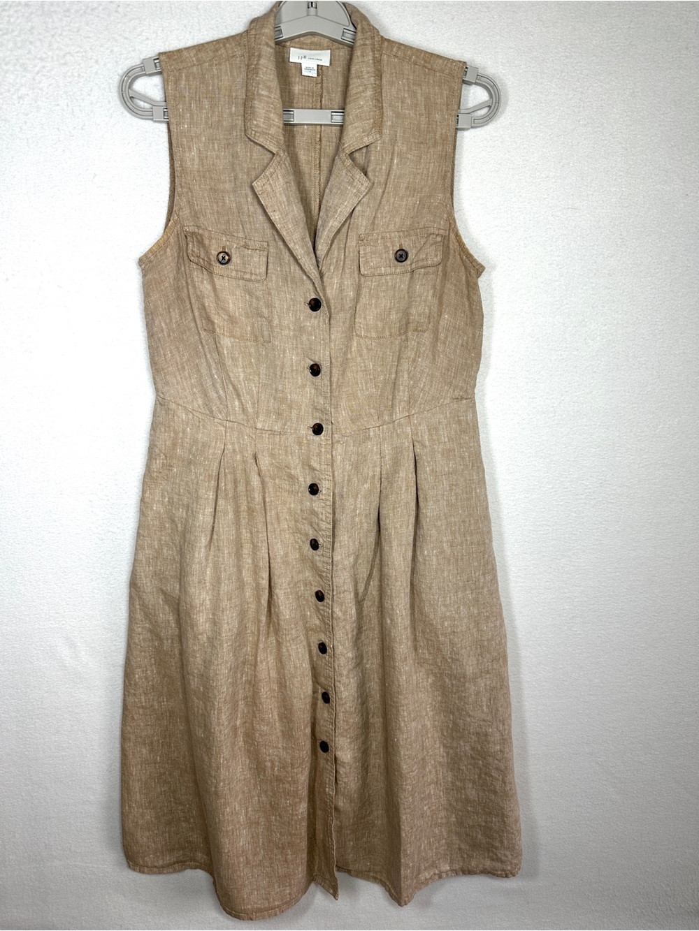 J Jill Love Linen Sleeveless Midi Dress S Tan Beige Buttons Pockets Collar Shirt